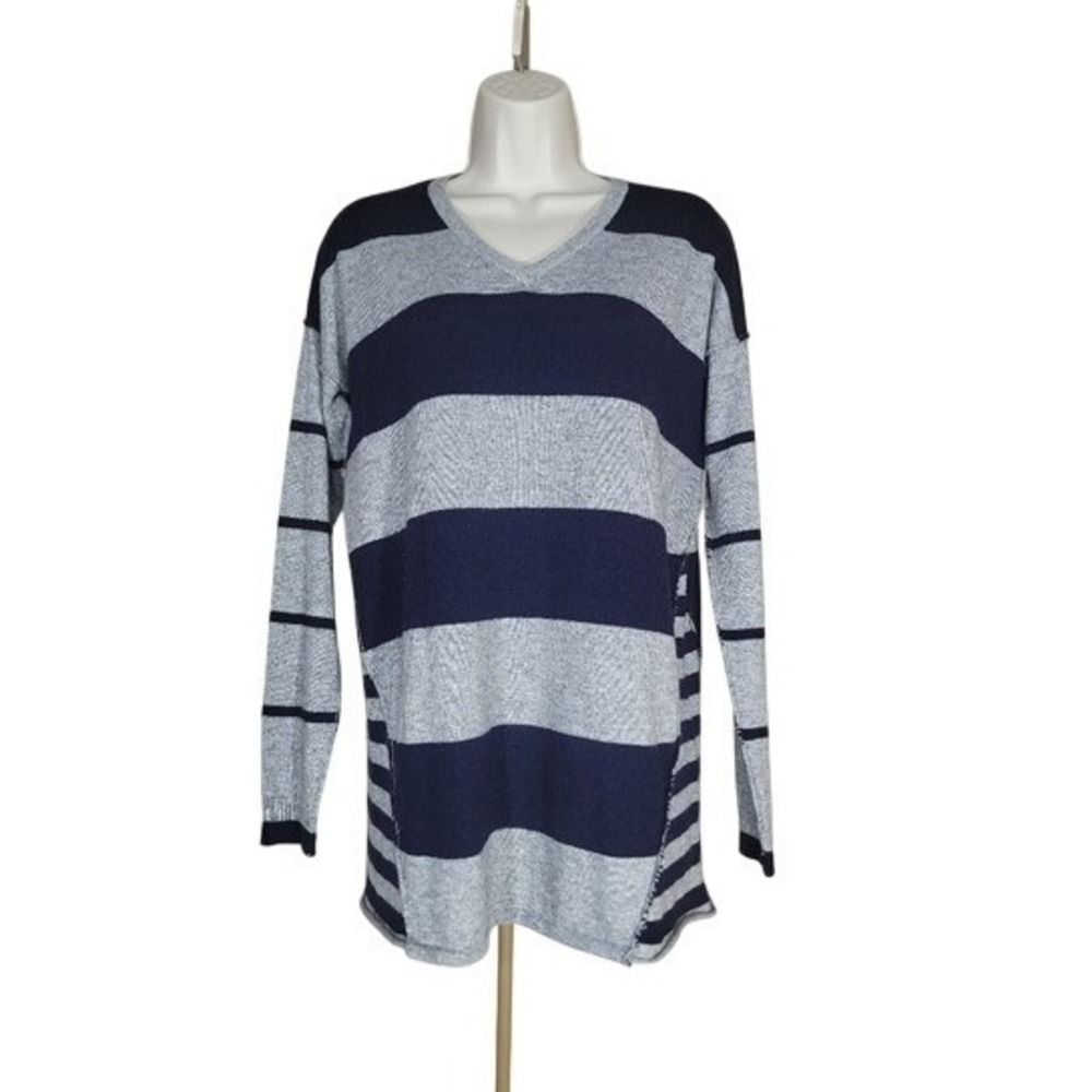 Wool Blend Baci Di Zucchero V-Neck Stripe Sweater W/ S/M Navy Grey Tunic LN/NWOT
